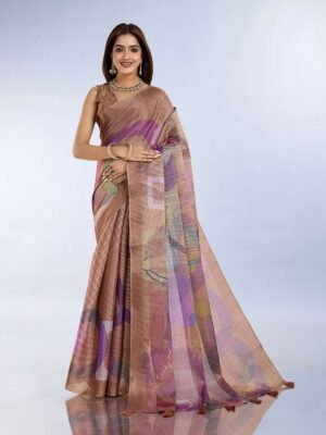 Abstract Printed Linen Shimmer Saree in Earth Tones - Perfect for Festive & Evening Wear