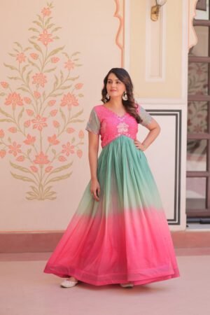 Women's Dual-Tone Ombre Gown in Candy Pink & Aqua Green with Embroidered Bodice – Festive & Contemporary Wear