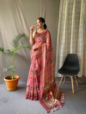 Women's Artistic Terracotta Orange Linen Saree with Kalamkari Inspired Print & Tassel Detailing – Perfect for Casual Festivities & Cultural Events