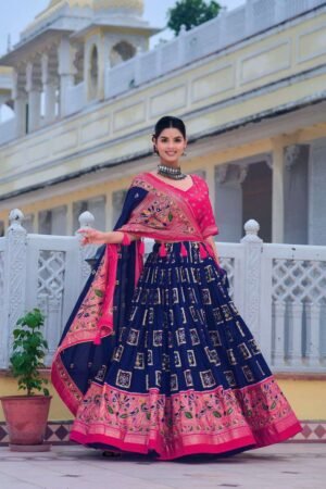 Women's Blue Tussar Silk Lehenga Choli with Pink Blouse | Bandhani Peacock & Foil Print | Wedding & Festive Wear