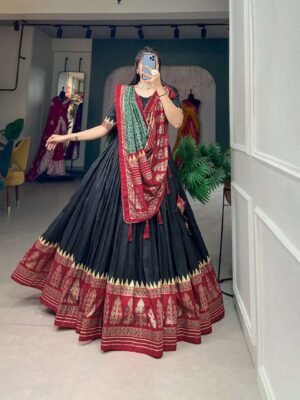 Women's Stitched Ethnic Lehenga Choli with Zari Border and Contrast Dupatta