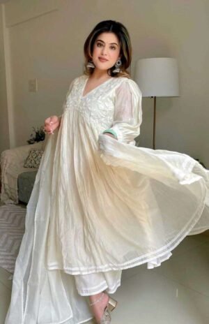 Women's Chanderi Silk Embroidered Anarkali Kurti With Pant and Dupatta