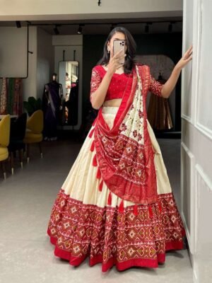Women's Cream & Maroon Tussar Silk Patola Print Lehenga Choli with Dupatta | MeharJi World