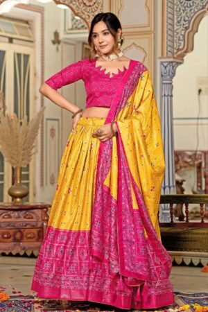 Women's Tussar Silk Patola Print Lehenga Choli Dupatta Set | MeharJi World