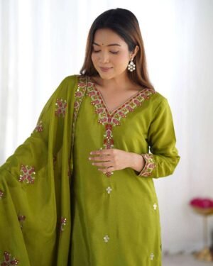 Women's Chinnon Silk Embroidery Sequence Work and Lace Work Straight Kurti With Pant and Dupatta