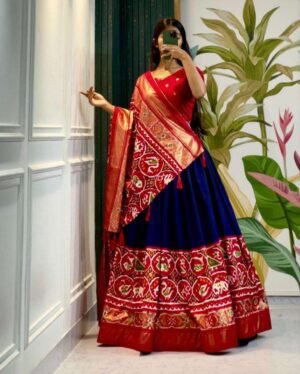 Women's Stitched Tussar Silk Patola Print Lehenga Choli Dupatta Set | Festive & Wedding Wear | MeharJi World