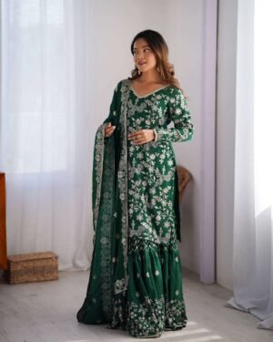 Women's Chinon Silk Embroidery Sequence Work Straight Kurti With Sharara Suit and Dupatta Set