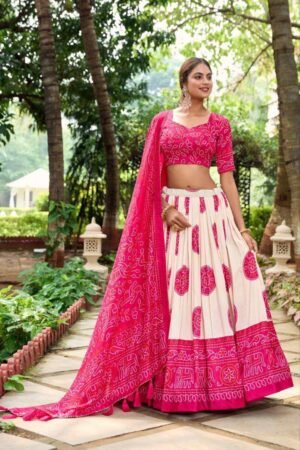 White Dola Silk Lehenga Choli with Pink Blouse | Bandhej & Patola Print | MeharJi World
