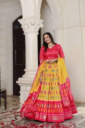 Yellow Dola Silk Lehenga Choli with Red Blouse | Patola Print & Foil Work | MeharJi World