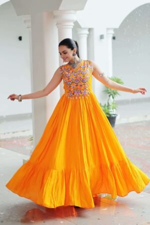Yellow Kutchi Embroidered Frill Gown for Navratri & Garba Celebrations | MeharJi World