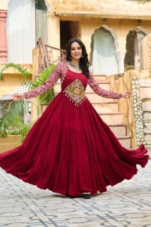 Maroon Navratri Special Reyon Designer Gown with Kutchi Gamthi & Cotton Print Work | MeharJi World