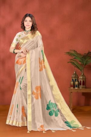Beige Soft Silk Saree with Bold Floral Print & Golden Zari Border | Festive & Wedding Wear