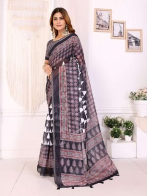 Black & Maroon Chanderi Saree with Geometric & Block Prints | Elegant Festive & Ethnic Wear