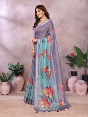 Aqua Blue Floral Printed Linen Shimmer Saree with Lavender Border | Elegant Festive Wear