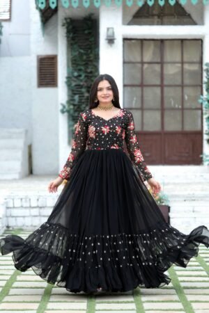 Black Faux Blooming Designer Gown with Multi-Thread Embroidery & Sequins ? Premium Ready-to-Wear Dress