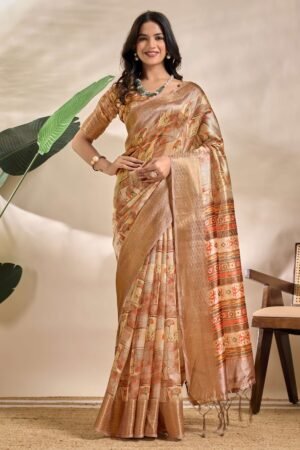 Beige Soft Silk Blend Saree with Tribal Elephant Print | Elegant Ethnic & Traditional Wear