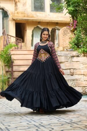 Black Navratri Special Reyon Designer Gown with Kutchi Gamthi & Cotton Print Work | MeharJi World
