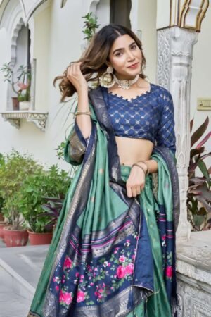 Olive Green Tussar Silk Lehenga Choli with Navy Blue Blouse | Minakari & Foil Print | MeharJi World