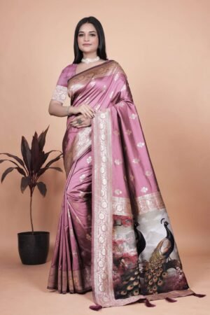 Rosewood Pink Banarasi Silk Saree with Golden Zari & Peacock Pallu | Wedding, Festive & Traditional Wear