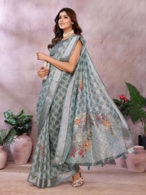 Aqua Blue Woven Floral Saree with Brocade Border | Elegant Traditional & Festive Wear