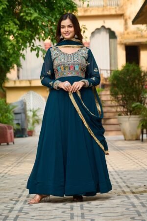 Rama Faux Blooming Designer Gown with Sequins & Multi-Thread Embroidery Dupatta Set | MeharJi World