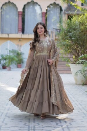 Beige Star Georgette Flared Gown with Sequins Embroidered Dupatta & Lace Border | MeharJi World
