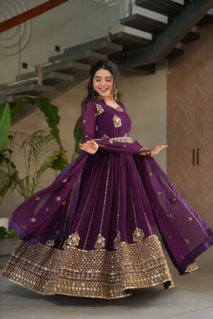 Wine Faux Blooming Designer Gown with Dupatta | Zari & Sequins Embroidery | MeharJi World