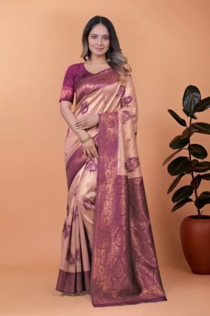 Beige & Plum Banarasi Silk Saree with Zari Weaving | Elegant Wedding & Festive Wear | MeharJi World