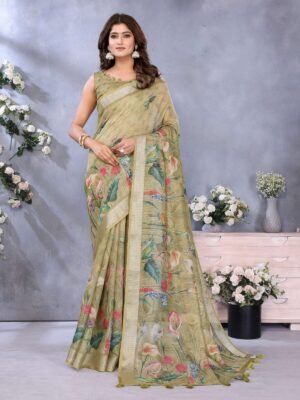 Olive Green Floral Printed Linen Shimmer Saree with Tassels | MeharJi World