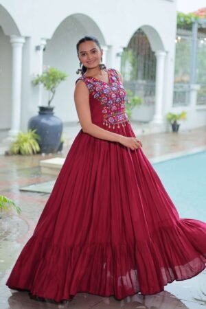 Maroon Kutchi Embroidered Frill Gown for Navratri & Garba Celebrations | MeharJi World