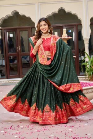 Dark Green Dola Silk Lehenga Choli with Red Blouse | Bandhej & Ajarakh Print | MeharJi World