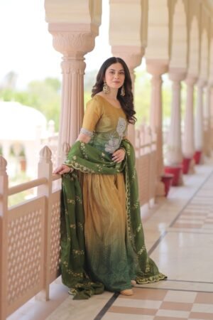 Green Chinnon Print Top Sharara Dupatta Set with Bead & Zari Work | MeharJi World